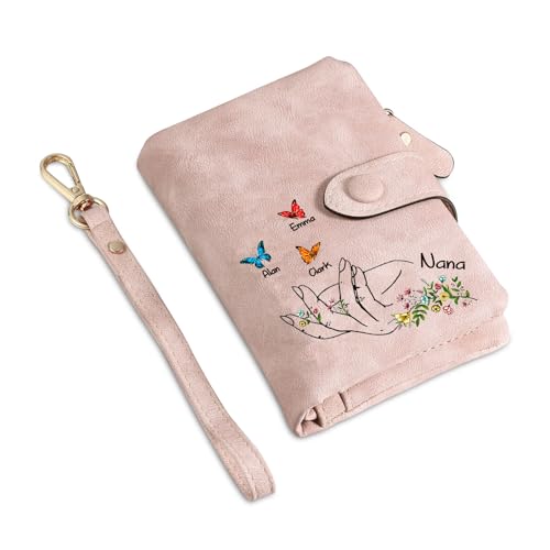 Christmas Gifts for Mom - Personalized Wallet Women - Custom Hold Hands Wallets for Grandmother - Name Wallet for Her (4 Names)