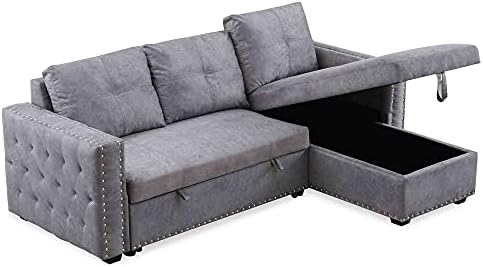 Tulib 91" Reversible Sectional Sleeper Sofa with Storage Chaise, L-Shape Corner Couch with Pulled Out Bed, Nailheaded Design, for Living Room(Gray), Grey