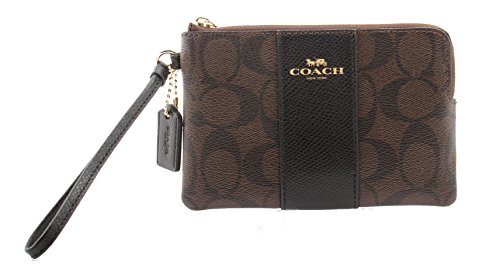 Coach Signature PVC Leather Corner Zip Wristlet Brown Black 54629