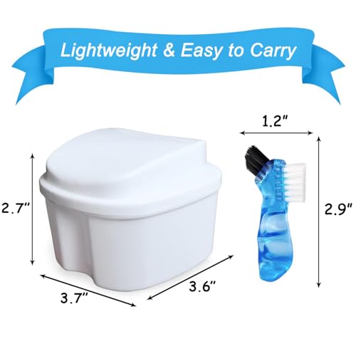 Denture Soaking Box Orthodontic Retainer Bath Case with Strainer Basket, False Teeth Container Dental Denture Bath Box Case Cup for Travel Cleaning - White