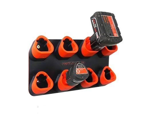 Battery Holder for Milwaukee M12 Compatible with Milwaukee 12V Batteries Wall Mount Storage Rack Holds 8 Batteries Made in the USA Red & Black