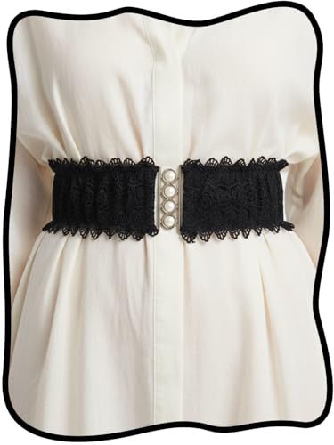 Urieo Elegant Black Lace Waist Belt with Metal Buttons, Stretchy Corset Style Cinch Belt