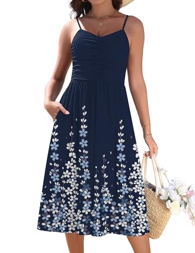 Zeagoo Women 2026 Summer Casual Adjustable Spaghetti Strap Sundress V Neck Sleeveless Flowy Fit & Flare Ruched Boho Floral Midi Dress with Pockets