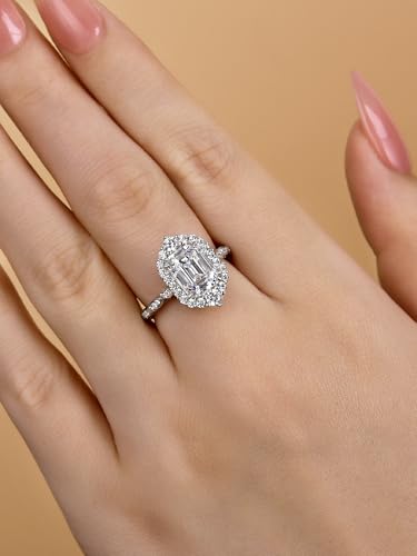 2.5CT Emerald Cut Engagement Ring for Women, S925 Sterling Silver AAAA CZ Simulated Diamond Promise Ring with Halo and Side Stones4