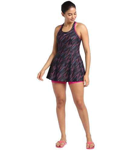 Image of Speedo Women's Endurance Hyperboom Printed Racerback Swimdress with Boyleg - Black & Electric Pink