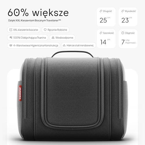 Travelaner® Kosmetyczka DESIGN 2026, Wisząca Kosmetyczka Podróżna 3w1, Pojemność 7 Litrów, dla Kobiet i Mężczyzn, Duża Torba Toaletowa, Czarny Mat