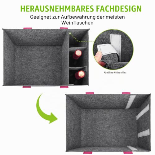 Eurhomewit Filz Einkaufskörbe Filztasche Einkaufstasche mit Fächern, Filztasche Groß 30L Faltbar Robust Flaschentasche Kaminholztasche Kleiderkorb Spielzeugtasche (Mittelgrau + Magenta/1 Stück)