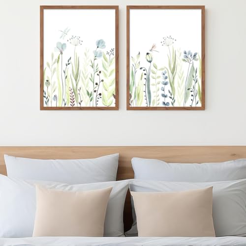 Tableau botanique aquarelle libellule et fleur bleue 70x100cm