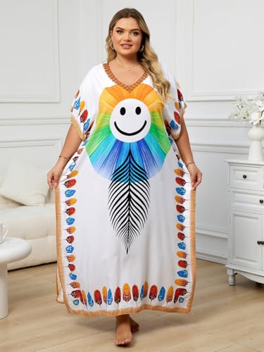 Image of KECVOT Kaftan Dresses for Women V-Neck Print Swimsuit Cover Up Plus Size Beach Caftan Lounge Dress
