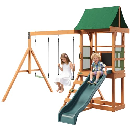 SunSwell Wood Swing Sets for Backyard - Playground Sets for Backyards, Outdoor Playset with Wave Slide, Play Deck, Rock Wall Ladder, Belt Swings, Chalkboard, Canopy Roof