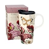 Topadorn 17 OZ Ceramic Coffee Mug Travel Cup with Lid and Gift Box, Red Flower and Butterfly