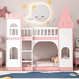 BIADNBZ Solid Wood Twin Over Twin Bunk Bed with Ladder,Castle Playhouse Bedframe with Door and Window for Kids,Pink