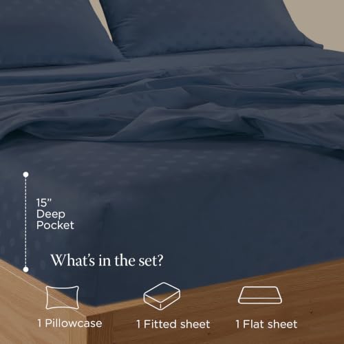 Image of Threadmill 300TC Cotton Twin XL Sheet Set, Sateen, Jacquard, Folkstone Blue | 100% Cotton, Sateen Weave, Jacquard Pattern, 3-Piece Set, 16 inch Deep Pocket, Cooling, Breathable, OEKO-TEX Certified