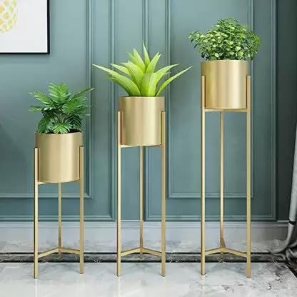Tara Handicrafts Metal Tall Plant Stand Floor Flower Stands Planter for Living Room Bedroom with Pot | Indoor Outdoor Plant with Stand/Pot Stand with Planter, Gold set of 3