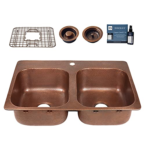 Sinkology K210-Bd1 Angelico 1-Hole Drop-In 33 In. Double Bowl Grid, Drains, And Care Kitchen Sink Kit, 33 Inch, Antique Copper #TOP5