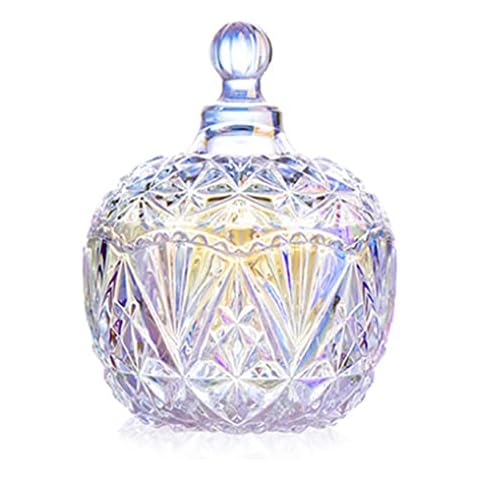 LuoCoCo Colorful Crystal Glass Jar, Sugar Bowl Candy Dish, Snacks Storage Jar with Lid, Deco Trinket Cosmetics Display Pot for Dressing Table Bathroom Parties Xmas, Valentines Gift for Her Cover