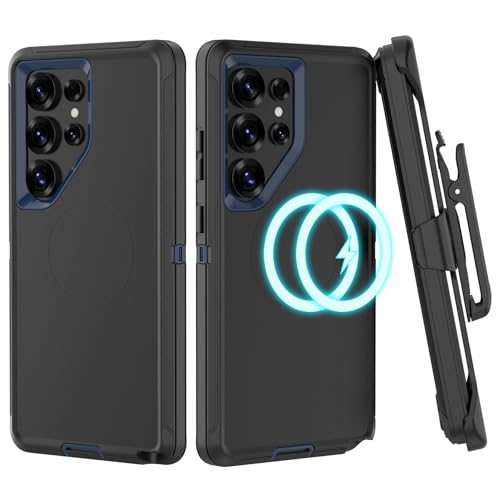TMIDVFV Compatible with Samsung Galaxy S25 Ultra Case, with Belt Clip Holster Heavy Duty Magnetic wireless charging Full Body Protection Kickstand Cover for Samsung Galaxy S25 Ultra Phone (Black+Blue)
