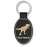 Oval Keychain, Tyrannosaurus Rex Dinosaur, Personalized Engraving Included (Black with Gold)