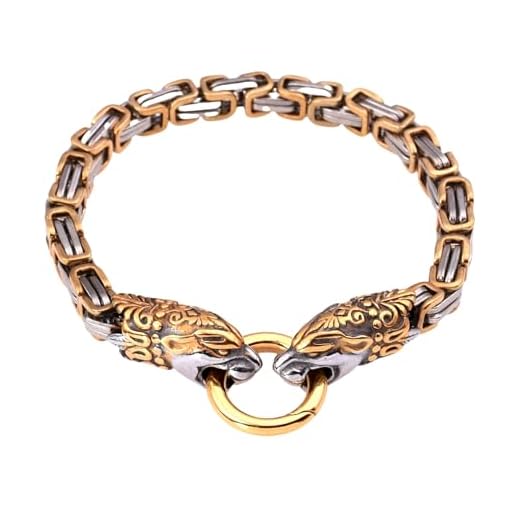 YCYR Männer Edelstahl Königskette, Nordischen Wikinger Wolfskopf Keltischen Fenrir Armband Schmuck, Handgefertigte Schnitzerei Vintage Totem Manschettenarmband,Leopard,23cm/9.05 in