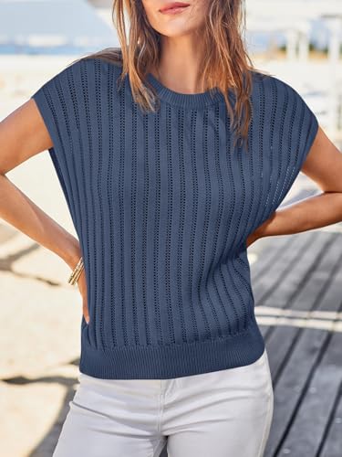 Saodimallsu Womens Summer Crochet Sweater Vest Cap Sleeve Knit Tops Casual Crewneck Sleeveless Sweaters2