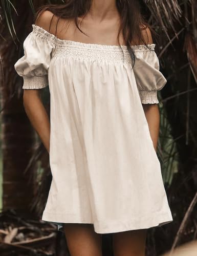 Image of Huaqiao Womens Summer Mini Dress 2026 A-Line Square Neck Puff Sleeve Beach Sundress Casual Short Dress with Pockets