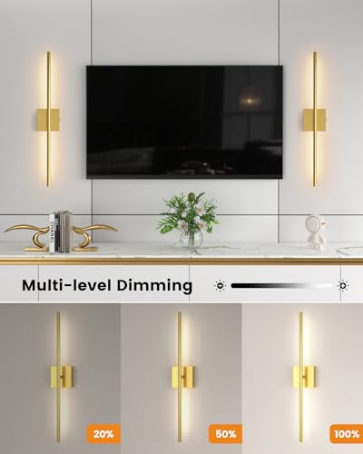 Image of VOLISUN 7800mAH Battery Operated Wall Sconces Set of Two, Rechargeable Wall Sconces with Remote, 3000K-6500K Dimmable Wireless Wall Lamp, 28'' Wireless Wall Lights for Bedroom, Living Room(Gold)