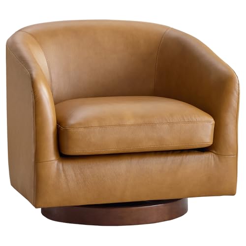 AEDI Genuine Leather Swivel Accent Chair, Barrel Armchair for Living Room and Bedroom, Light Camel