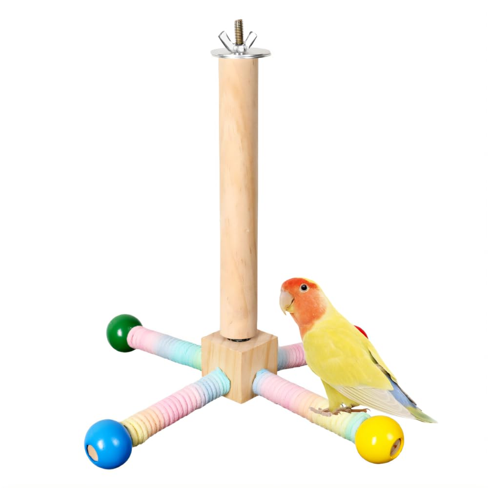 Bird Perch Toy, 360° Rotating Parrot Stand Perch Wooden Birdcage Standing Toys for Cockatiels Parakeets Love Birds Finches Parrots