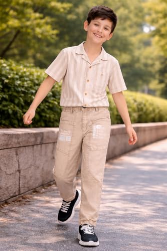 Image of Boys Cargo Pants, Kids Cargo Jeans with Pockets, Adjustable Waist, Stretch Denim Casual Pants for Boys