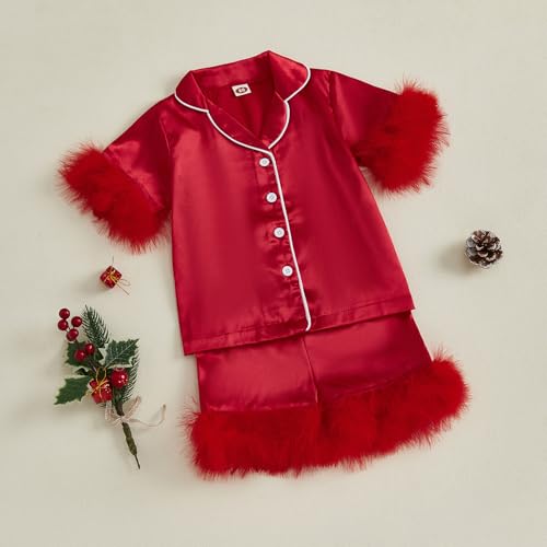 Little Girls Summer Pajama Sets Short Sleeve Lapel Button Up Plush Cuff Shirt Shorts Sleepwear4