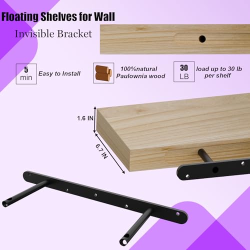 Image of IAE Floating Wall Shelves 24 inch,Bathroom Shelf Wall Mounted,Invisible Shelf Floating Kitchen Shelves,Wooden wall Shelving with Brackets for Living Room wall Mounted,Easy Install,Set of 2,Natural