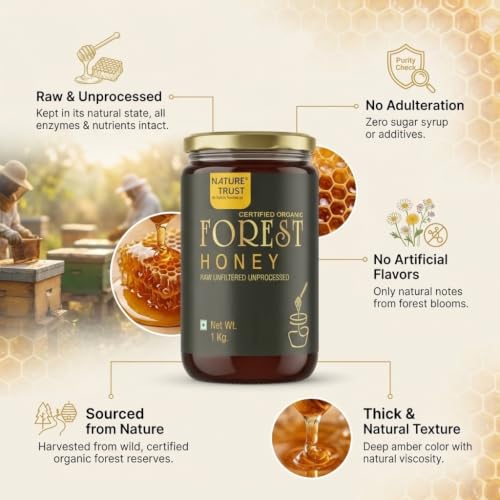 Image of Nature Trust Raw Organic Forest Honey,1kg, Wild, Unprocessed, Unheated, Non Pasteurized, Original Honey 100% Pure and Natural