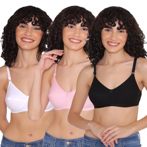 Image of INKURV Cotton Hosiery Bra for Women's Daily use, Full Coverage Bra for Regular wear, Non Padded, Non Wired Everyday Bra with Rich Cotton-Zoe Combo of 3