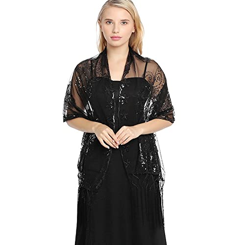 WQEPYY Femme Châle Wrap Écharpe, Femme Foulard Châles Écharpes Scintillants, Elégant Glands Etoles pour Dames Shawl pour les Cadeaux de Demoiselle d'honneur de Mariée (Noir) Cover