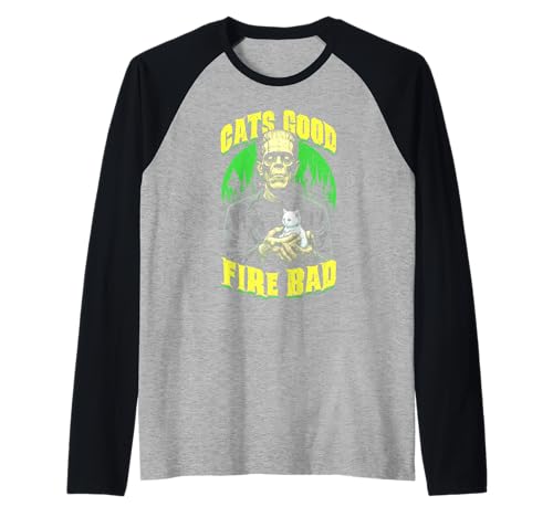 Cats Good Fire Bad Funny Frankenstein Cat Lover Gattino Maglia con Maniche Raglan