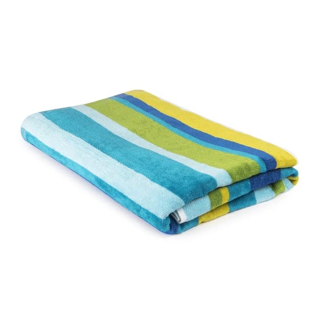 Allure Velour Striped Beach Towel - 100% Cotton, 70 x 150cm Supersoft, Lightweight & Absorbent Towels (Blue)