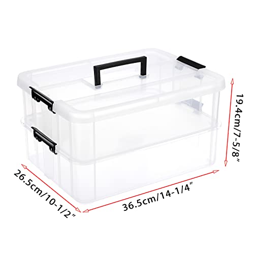 JUXYES 2-Tiers Stack Carry Storage Box With Handle, Transparent Stackable Storage Bin With Handle Lid Latching Storage Container for School & Office Supplies - Thumbnail 2