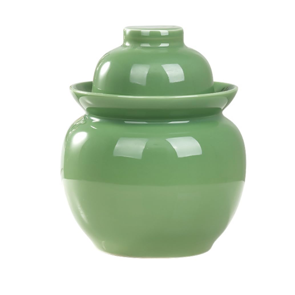 QPZK Traditional Chinese Porcelain Pickle Jar,Natural Ceramics Fermentation Crock Pickling Pot,Fermenting Jar With Water Seal Airlock Lid Stoneware Fermenter for Kimchi green-1.75Kg