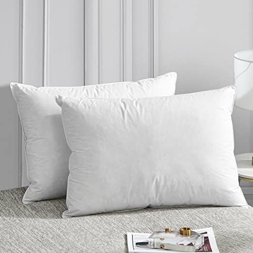 Queen Size Goose Feather Down Pillows Set of 2, Bed Pillows for Sleeping Covered with 100% Cotton Shell,Extra Soft & Breathable White Pillows 2 Pack for Back,Stomach or Side Sleepers (Queen,20"x28")