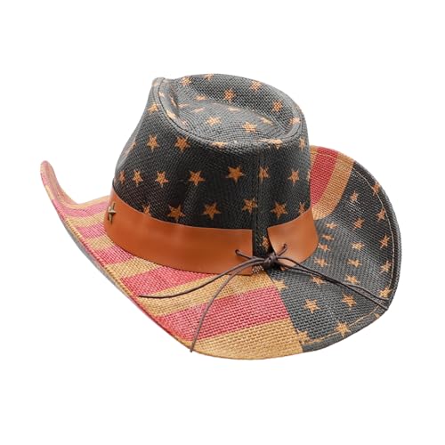 Image of Mens Straw Cowboy Hat Unisex Western Beach Sun Hat for Men Women Wide Brim Fedora Hat Cowgirl Hats Summer Panama Hat