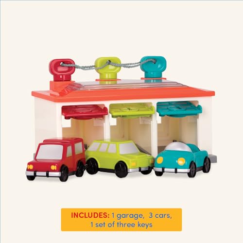 Battat Motorikspielzeug Auto Garage Cars mit Schlüsseln Formensortierspiel – Baby Spielzeug ab 2 Jahren (5 Teile), 11” (L) x 7.5” (W) x 6.6 (H)