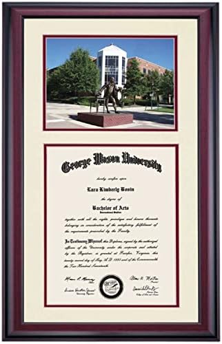OCM DiplomaDisplay Premier Frame for George Mason University GMU Patriots | 14" x 10" Diploma Certificates | Ivory/Maroon Mat | George Mason Statue Photograph | Graduation Gift