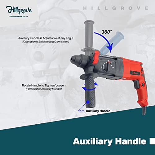 Image of Hillgrove HGHD26RD4 All Purpose 26mm Hammer Impact Drill Machine Forward /Reverse Rotation with 5 Bits for Making Holes in Metal /Wood /Concrete Hammer Drill (26 mm Chuck Size, 1200 W)