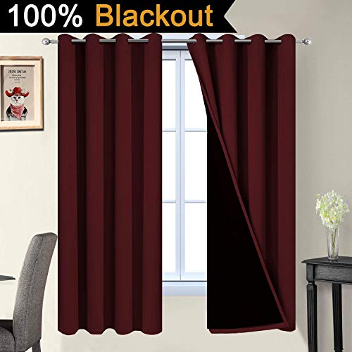 Image of Yakamok 2 Thick Layers Completely Blackout Curtain Panels, Noise Reducing Drapes, Thermal Insulated Curtains with Black Liner for Bedroom(52Wx63L, Burgundy Red, 2 Panels)