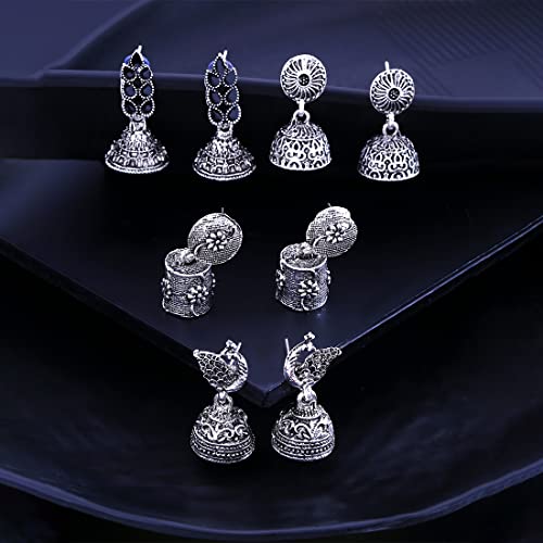 Image of Yellow Chimes Earrings for Women & Girls | Traditional Silver Oxidised Jhumka | German Silver Oxidized Drop Earring Set | Earrings Combo | Accessories Jewellery | Birthday & Anniversary Gift