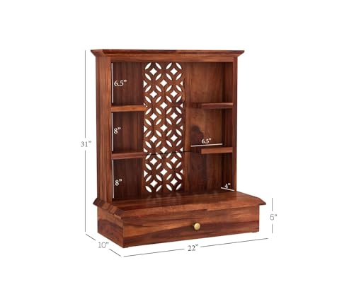 Image of Solid Sheesham Wood Temple for Home & Office /Mandir /God Stand /Pooja Stand /Home Mandap /Mandapam with Cabinet Doors & Multiple Storage /Shelf with Drawers (Honey3, 20x15x28 inch)