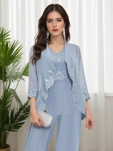3 Piece Mother of The Bride Pantsuits for Women Wedding Beaded Lace Formal Outfits with Jacket PS0053