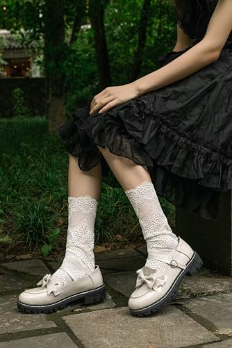 Image of Womens Lace Cotton Socks Transparent Mesh Ruffle Dress Calf Socks