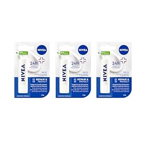 NIVEA Repair & Protect Lip Balm SPF 15 4.8g | With Shea Butter & Natural Oils | UV Protection | 24-Hour Hydration | Heals Chapped Lips | Suitable for Sensitive Skin | Natural Ingredients (Pack of 3)