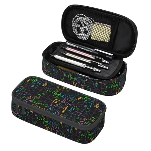 Image of Math Colorful Geometrical Plots Formulas Calculations Large Pencil Case, Pencil Pouch With Zipper Compartments Stationery Pencil Bag For Kids Teens Students School Supplies
